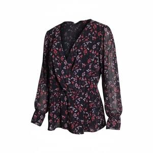 City Chic Black Floral Faux Wrap Draped Front Blouse Peplum Bottom  Sz L/20 NWT